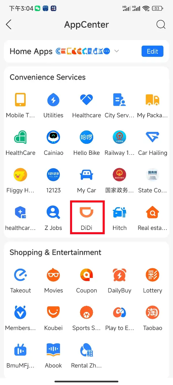 Alipay AppCenter with the orange DiDi icon outlined in red among its mini apps.