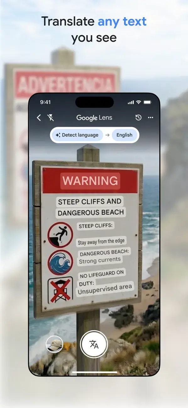 Google Translate camera translation using Google Lens to translate a Spanish warning sign into English