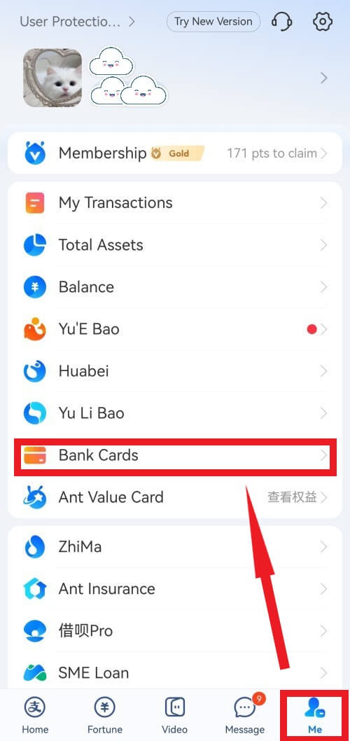 Alipay Me tab with a red arrow pointing to Bank Cards and the Me tab outlined at the bottom.