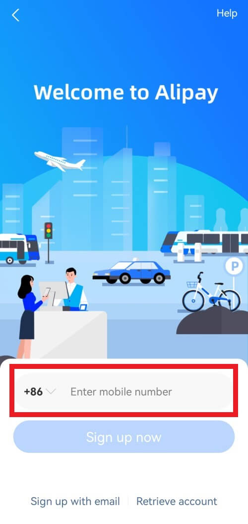 Alipay registration screen with the country-code selector and mobile number field outlined in red.