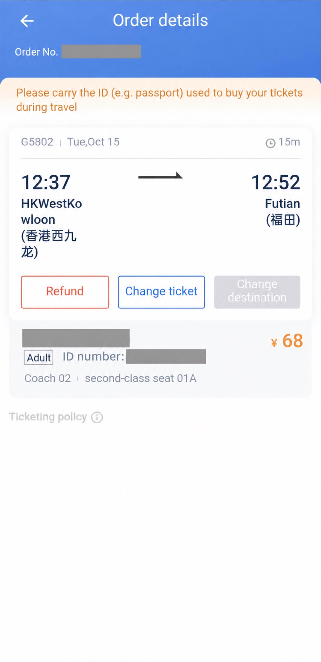 12306 English order details showing the route, passenger, Coach 02 and seat 01A