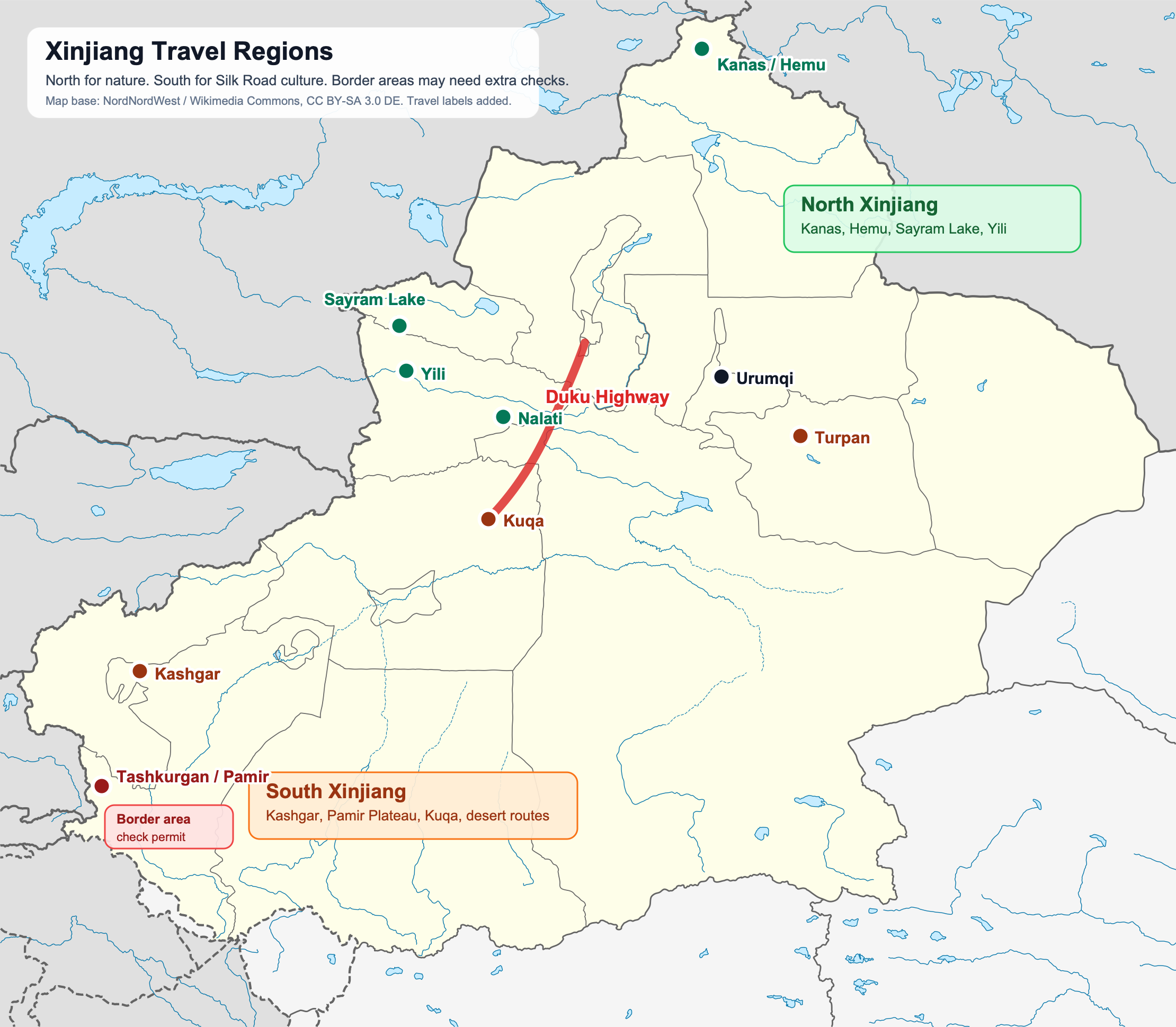Xinjiang travel map showing North Xinjiang, South Xinjiang, Urumqi, Kanas, Hemu, Sayram Lake, Yili, Duku Highway, Kashgar, Tashkurgan, Pamir, Kuqa, and Turpan